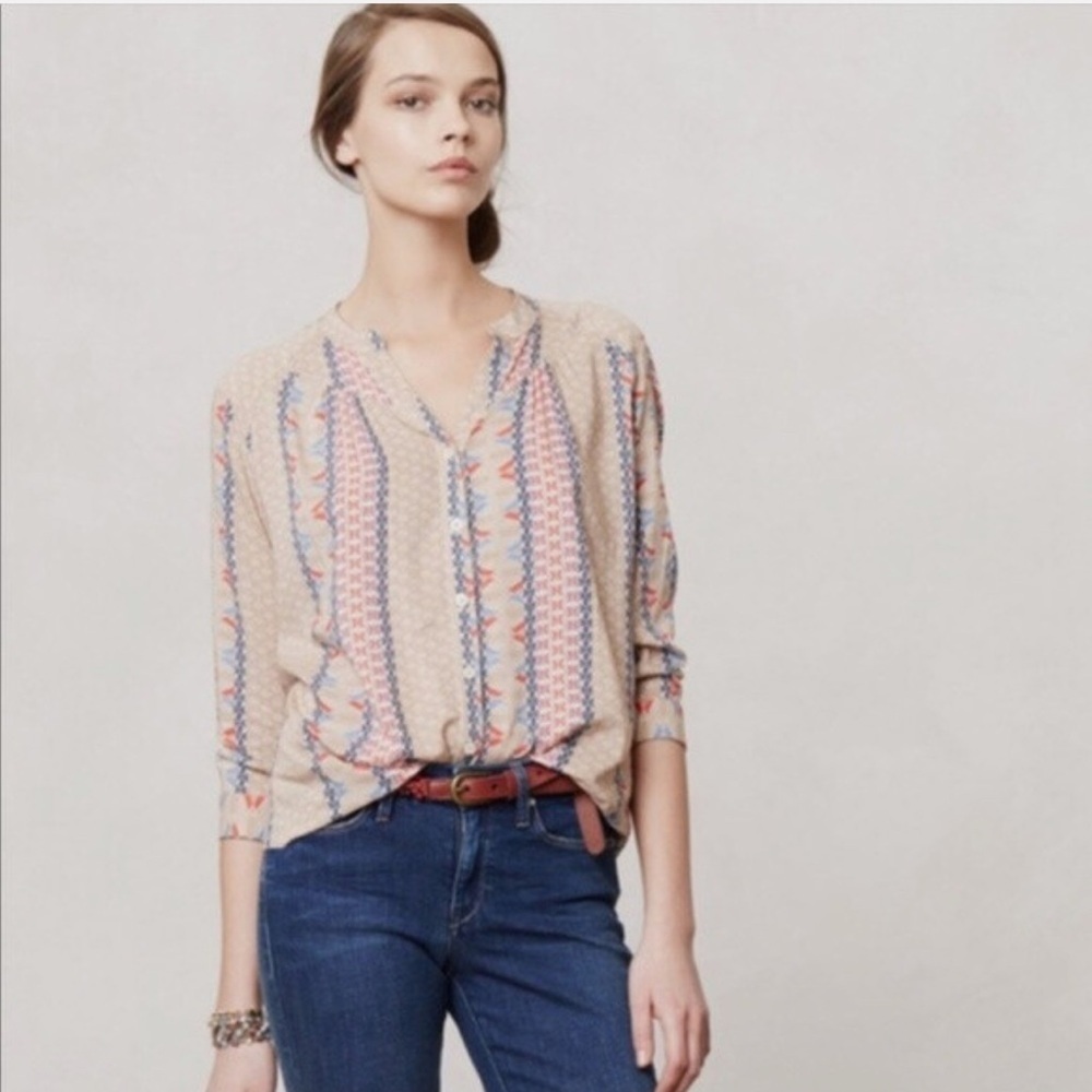 Maeve Anthropologie Sunset District Aztec Beige and Blue Geometric Blouse Small